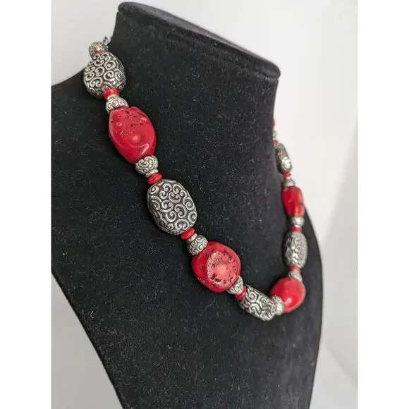 Brighton Red Coral Silver Plated Bead Necklace w/Adjustable Clasp Length 20" - Picture 5 of 6